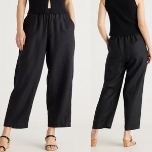 Quince 100% European Linen Pants Sz L Black Elastic Waist Crop Pull On